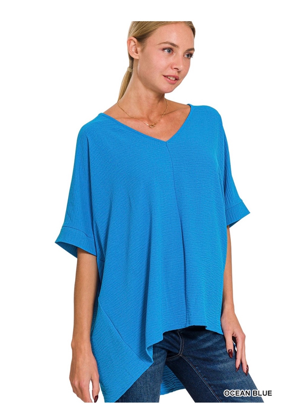 Relaxed V-Neck Tunic Top in Ocean Blue